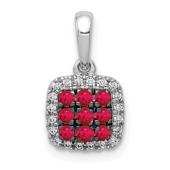 14k White Gold Diamond & .23 Red Ruby Square Halo Necklace Charm Pendant - Picture 1 of 4